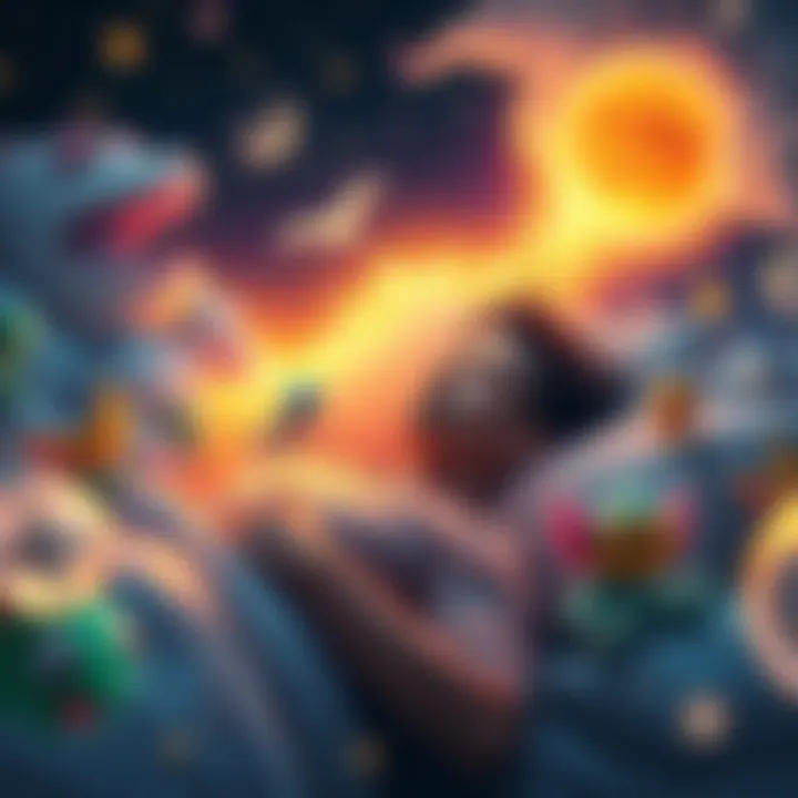 A person peacefully dreaming with colorful dream characters around, illustrating the concept of lucid dreaming.