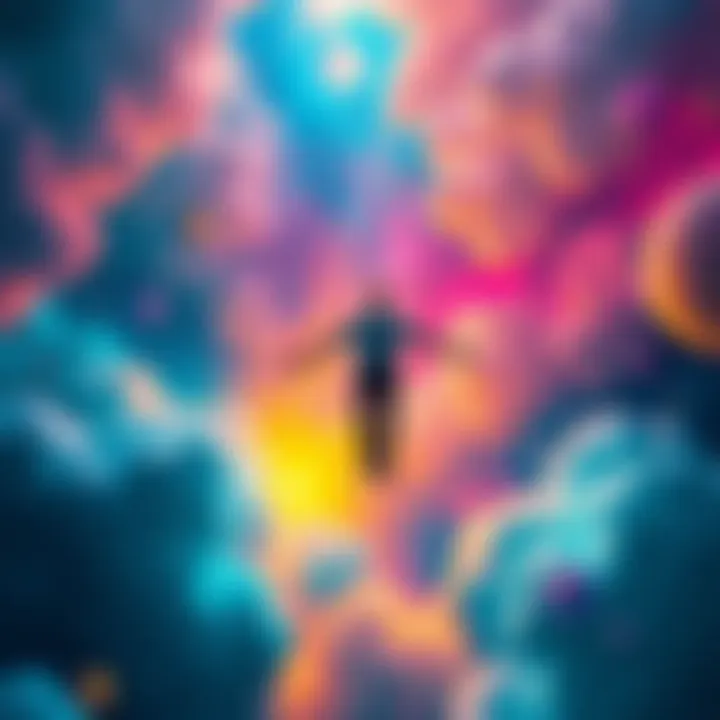 Lucid Dreaming Exploration A person floating in a dream-like space with vibrant colors and surreal shapes, symbolizing the experience of lucid dreaming.