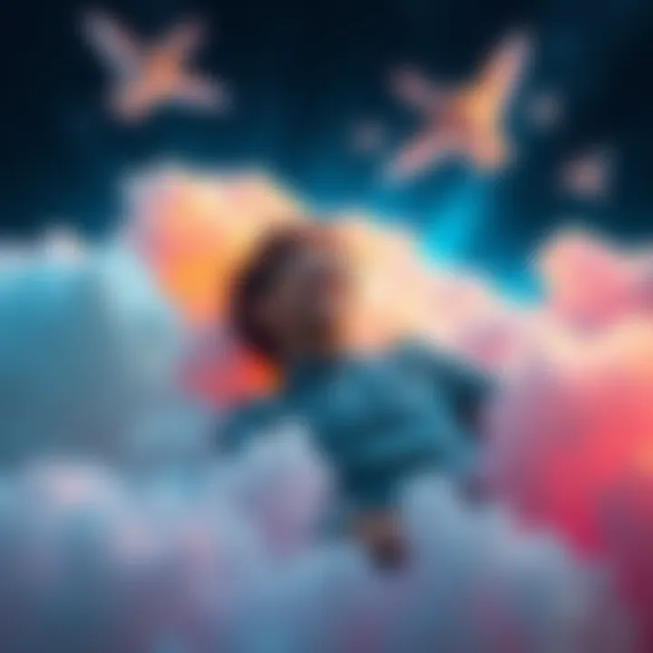 A person floating among colorful clouds in a dream-like state, smiling and experiencing joy, representing fun activities in lucid dreams.