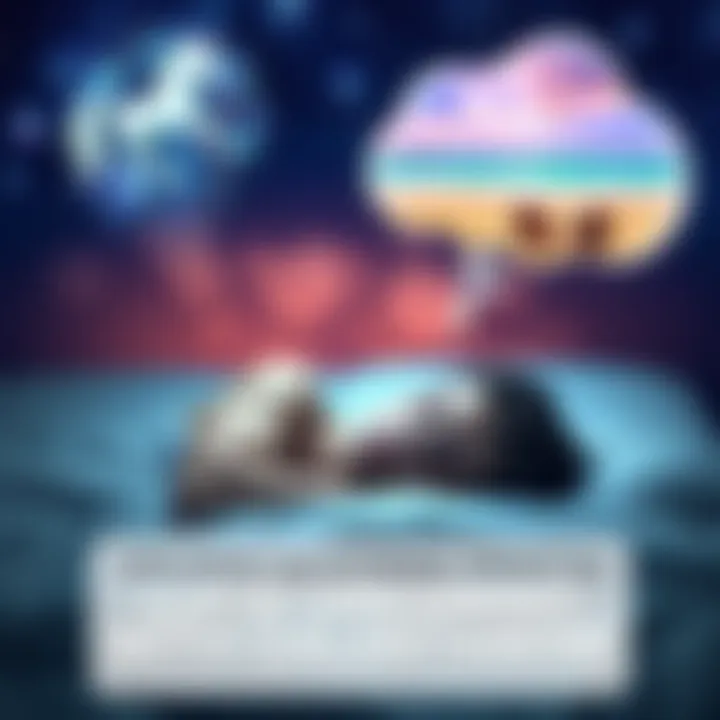 A person peacefully sleeping, with dream bubbles above showing vivid scenes like a flying unicorn and a serene beach, symbolizing lucid dreaming experiences with galantamine.