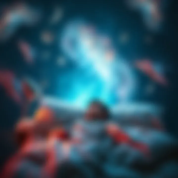 A person lying in bed, looking confused as they wake up within a dream, surrounded by surreal dream imagery.