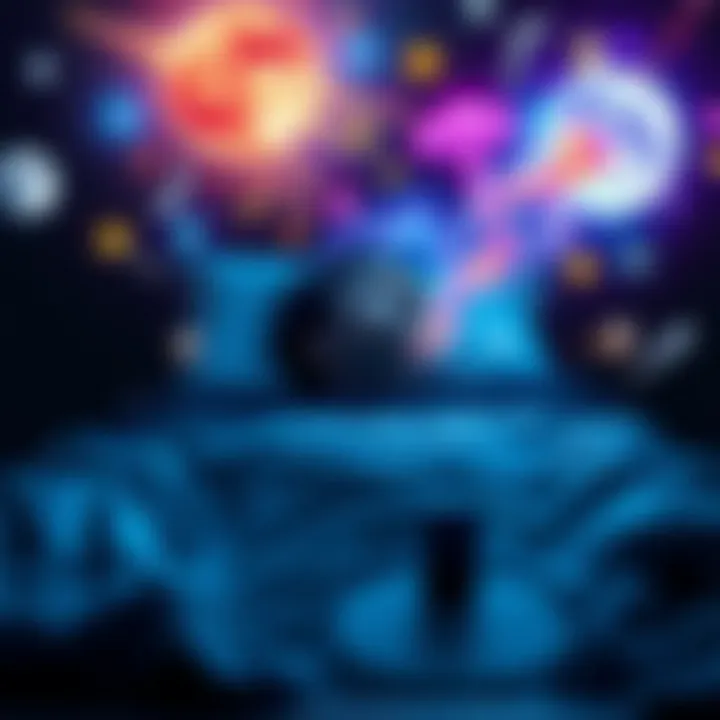 A person lying in bed, surrounded by vibrant dream imagery and symbols, illustrating the concept of lucidity in dreams.