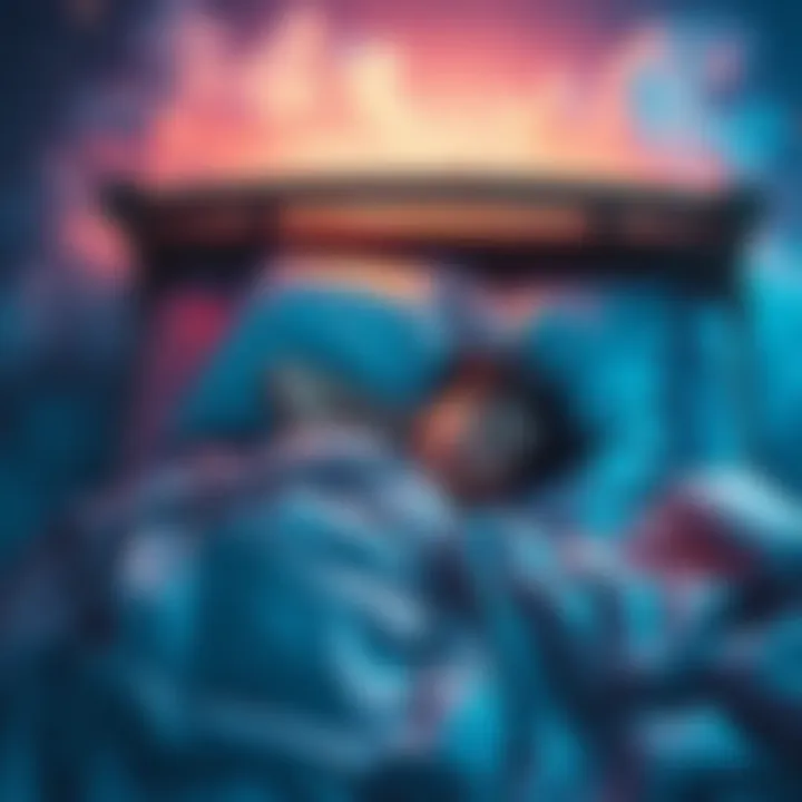 A beginner lying in bed with a dreamlike atmosphere, trying to practice the WILD technique to lucid dream, surrounded by soft clouds and stars.
