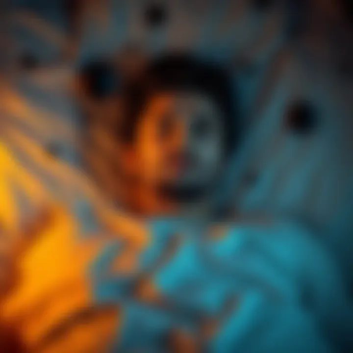 Individual lying in bed with a focused expression, surrounded by dark orbs and a sense of vibration in the air, illustrating the feelings of lucid dreaming and sleep paralysis.