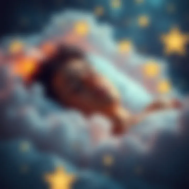 A person sleeping peacefully with a dreamy expression, surrounded by soft clouds and stars, illustrating the concept of lucid dreaming.