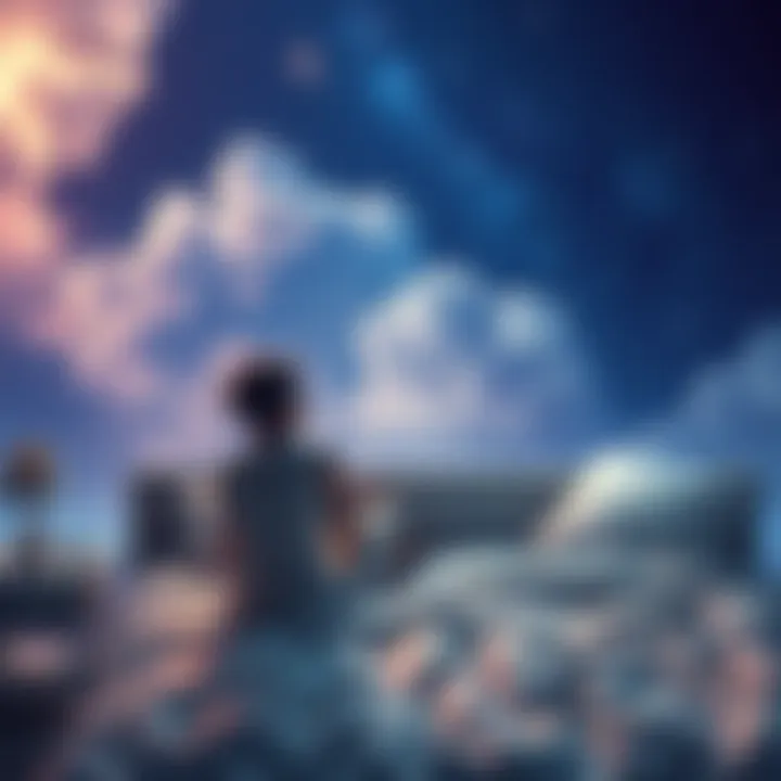A person sitting peacefully on a bed, pondering over phrases for lucid dreaming, with dreamlike clouds and stars appearing above them.