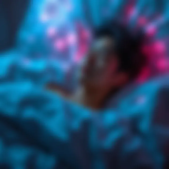 An individual relaxing in bed with a serene expression, surrounded by dreamy visuals symbolizing thoughts and control, reflecting the concept of lucid dreaming in an AI-influenced world.