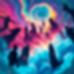 A vibrant dreamscape with swirling colors and imaginative shapes, depicting a dreamer in a surreal environment, confronted by shadowy figures expressing aggression.