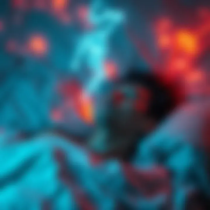 A person lying in bed, eyes closed, surrounded by a dream-like atmosphere, showing vivid images of dreaming and a shadowy figure representing sleep paralysis.