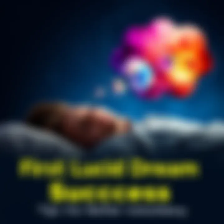 Person dreaming with a thought bubble A person sleeping peacefully with a colorful thought bubble showing dream images, representing lucid dreaming