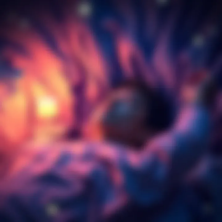 Person practicing reality-checks before sleeping A person lying in bed with eyes closed, focusing on reality-check techniques for lucid dreaming, with calming colors and dream imagery around