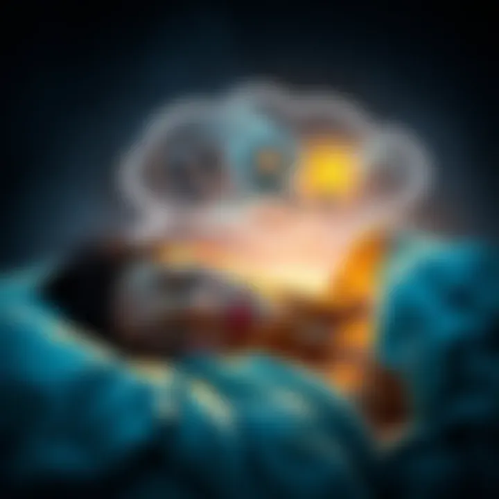 A person peacefully sleeping with a thought bubble showing dream imagery and symbols of control, like a steering wheel and a light bulb, representing lucid dreaming experiences.