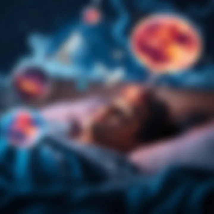 A person sleeping peacefully with dream bubbles showing various dream scenarios like flying and exploring worlds.