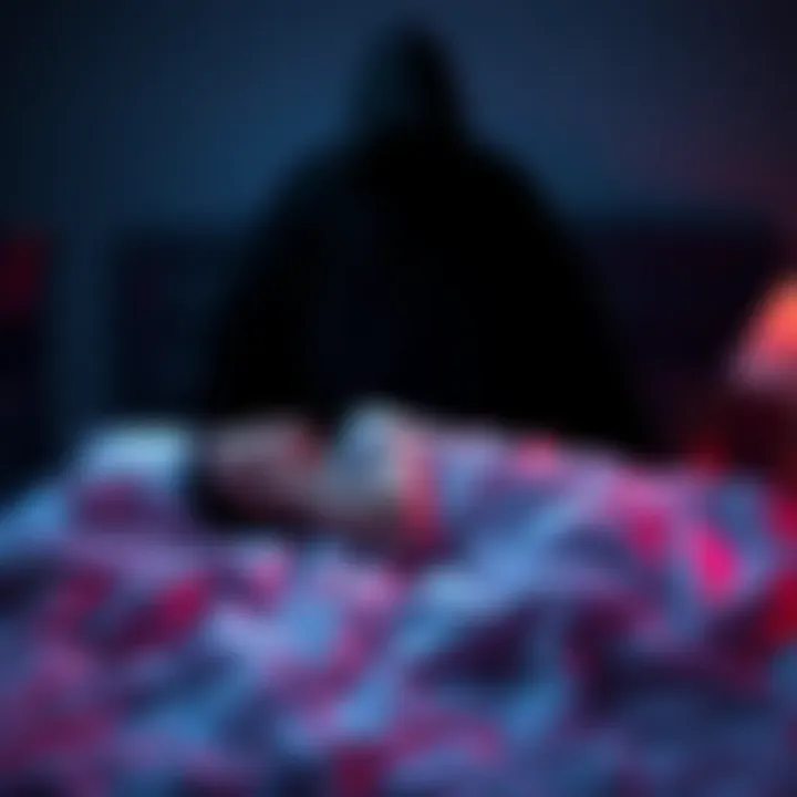 Person sleeping with a shadowy figure A person lying in bed with a dark figure looming over them, depicting the feeling of sleep paralysis and distress during lucid dreams.