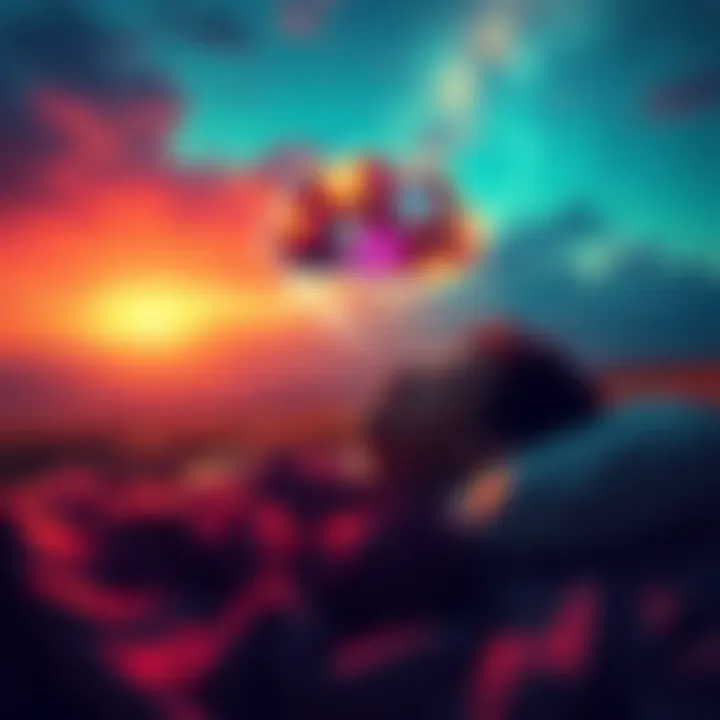 Person dreaming in a colorful landscape A person sleeping with a thought bubble showing a vibrant dream world full of colors and shapes