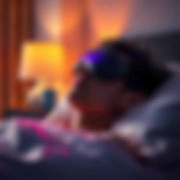 A person wearing the LucidMe (REMspace) sleep mask, resting comfortably in bed, with a dimly lit room in the background.