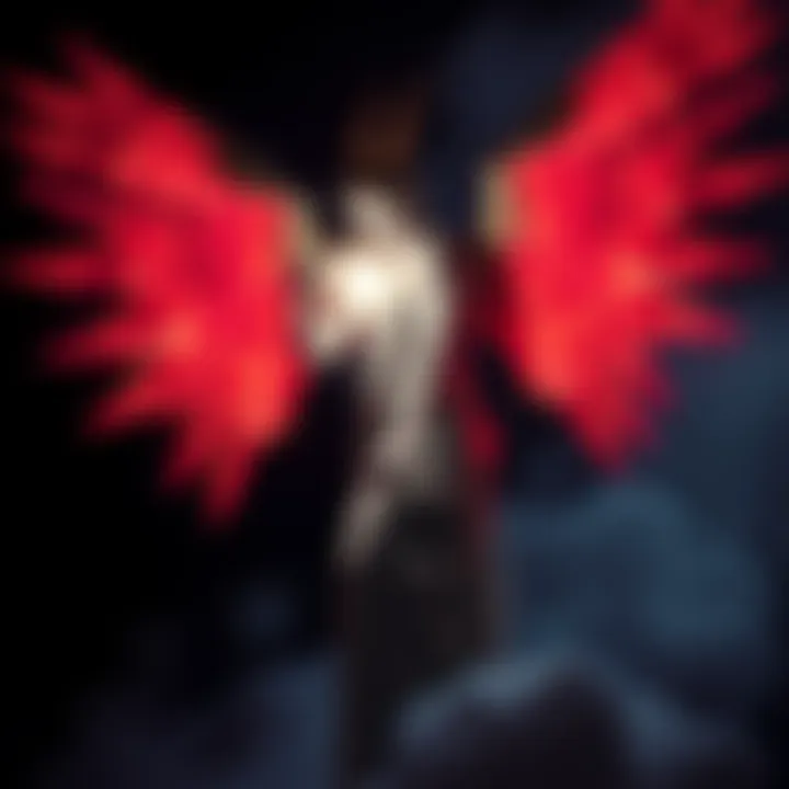 Lucifer as the Light Bringer A figure representing Lucifer with wings, holding a glowing light in a dark background, symbolizing knowledge and transformation.