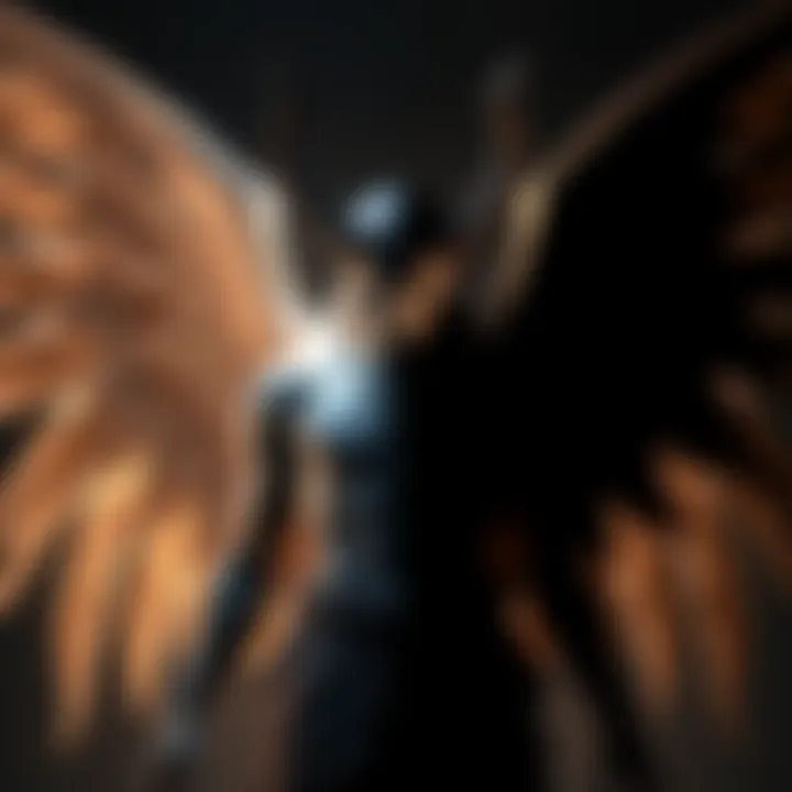 Lucifer in a contrasting light A figure representing Lucifer, with one side illuminated and the other in shadow, symbolizing duality of light and dark, suggesting the complexity of his nature as both angelic and rebellious.