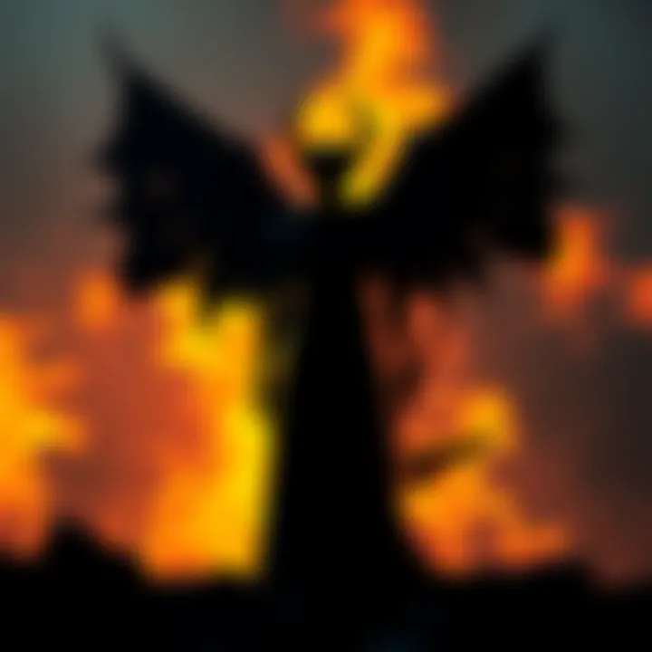 A dark figure symbolizing Lucifer standing in front of a fiery background, representing different interpretations of his identity.