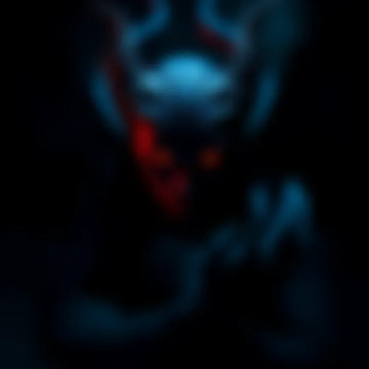 Lucifer in Shadow A dark figure representing Lucifer, shrouded in shadows with glowing eyes, evoking a sense of mystery and intrigue.