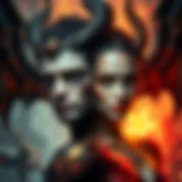 A striking portrayal of Lucifer with dark wings and a captivating presence, alongside Lilith depicted with a mysterious allure and ethereal features.