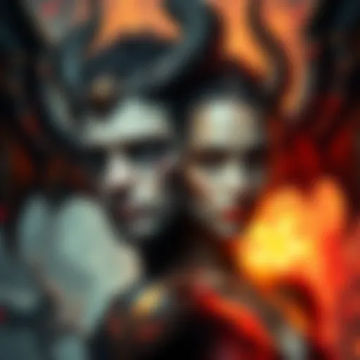 A striking portrayal of Lucifer with dark wings and a captivating presence, alongside Lilith depicted with a mysterious allure and ethereal features.
