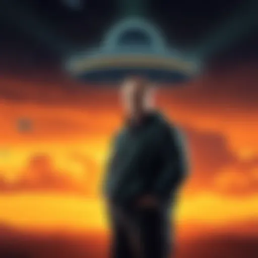 Lue Elizondo stands in front of a UFO-themed backdrop, looking serious and thoughtful, as if pondering his role in the UFO discussion.