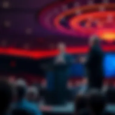 Lue Elizondo Speaking at a Conference Lue Elizondo addressing the audience about UFOs while standing on a stage