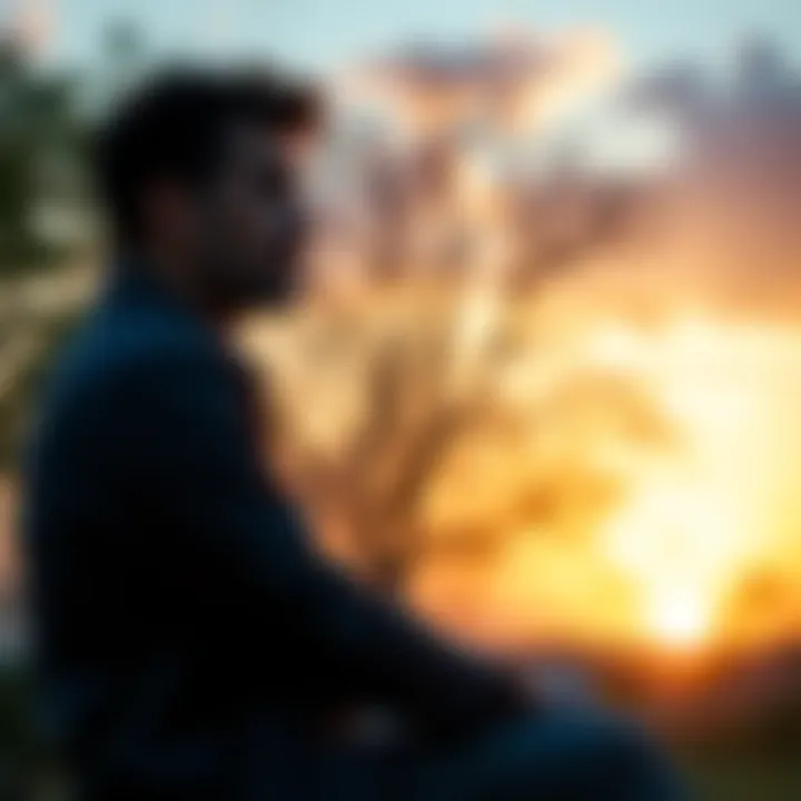 Lue Reflecting on Spirituality A thoughtful man sitting quietly in nature, contemplating life and spirituality, with trees and a sunset in the background.