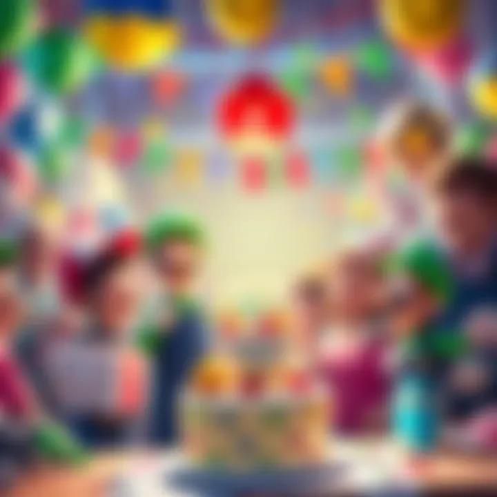 A festive scene celebrating Luigi's birthday with decorations, cake, and fans sharing joyful moments.