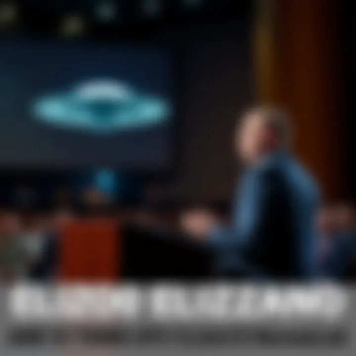 Luis Elizondo at a podium, discussing UFOs with an audience in the background