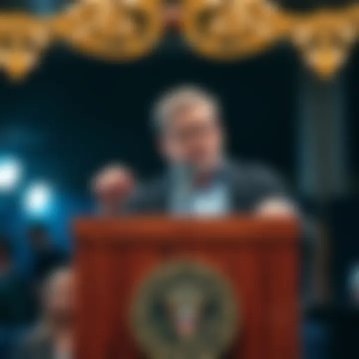 Journalist Luke Rudkowski speaks at a podium, expressing his views on Trump's failure to arrest known pedophiles, with an audience engaged in the background.