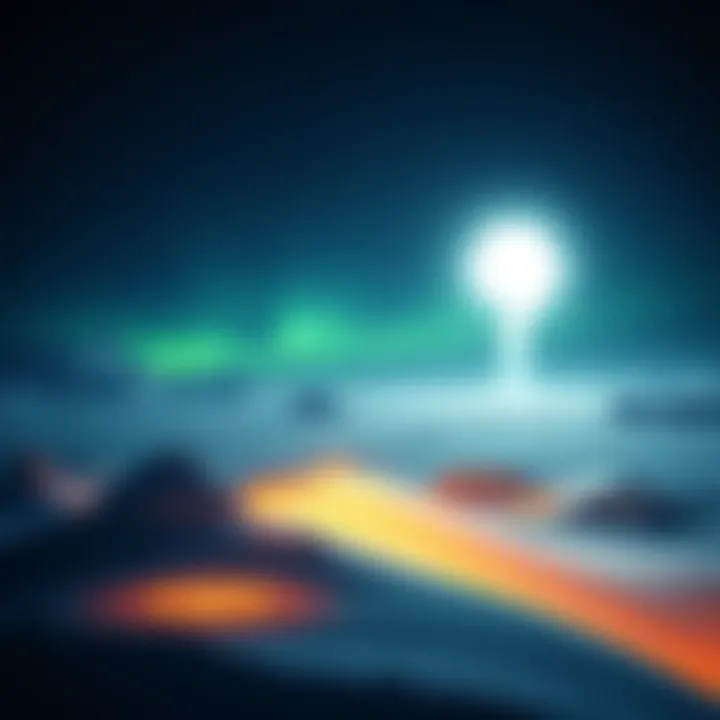 A bright, silent object glowing in the night sky over Antarctica with the San Martín Base in the foreground.