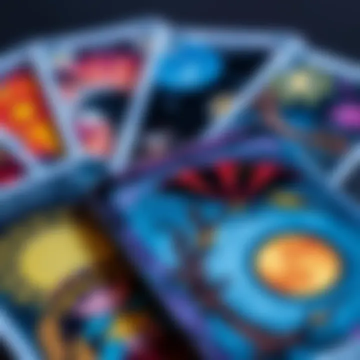 A close-up of the Luna Soleil tarot cards showing inconsistent designs and print quality issues, highlighting the abstract art style
