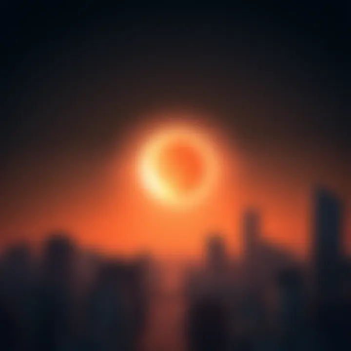 A beautiful lunar eclipse viewed from a city, with the moon partially shadowed and glowing in the night sky, symbolizing change and reflection.
