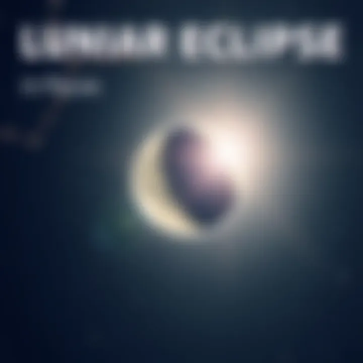 A celestial scene showing a lunar eclipse with a bright moon partially covered in shadow, set against a starry sky in Pisces constellation. Astrological symbols are faintly visible around the moon.