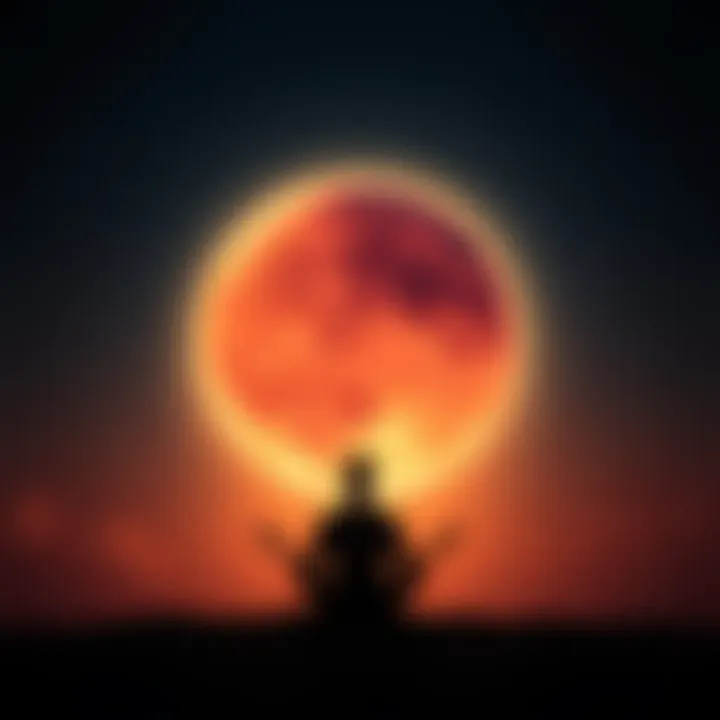 A glowing lunar eclipse with a silhouette of a person meditating under the moonlight, inviting donations for energy readings.