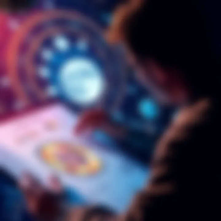 A person analyzing lunar positions and influences on a chart with celestial graphics