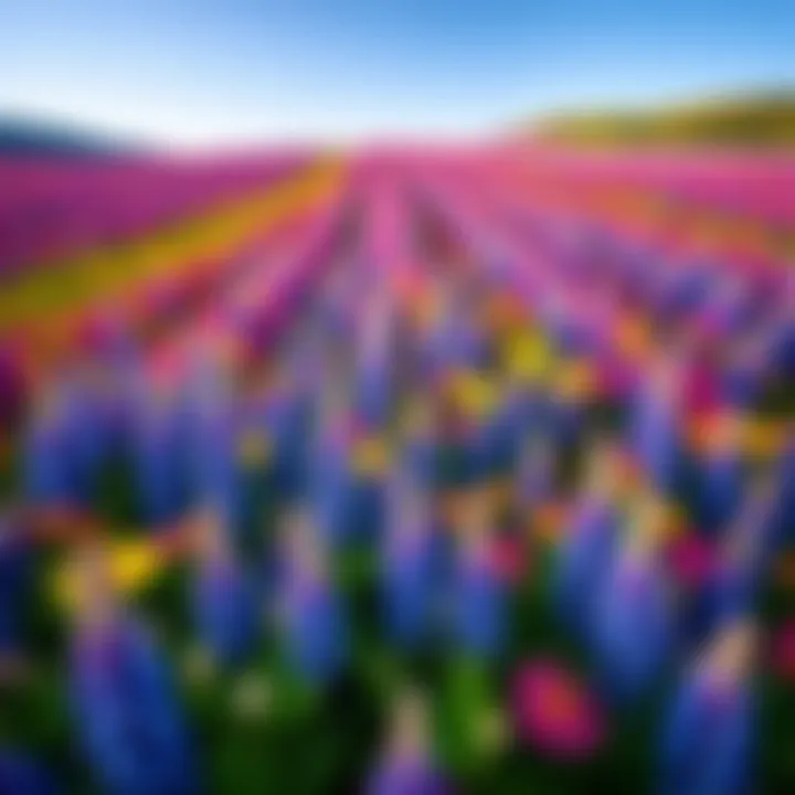 A vibrant lupine field in New Zealand showcasing colorful flowers arranged in natural patterns resembling sacred geometry.