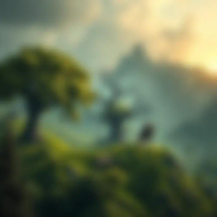 A vibrant green landscape with strange trees and mystical guardians watching over it, representing a dream of a future Earth.