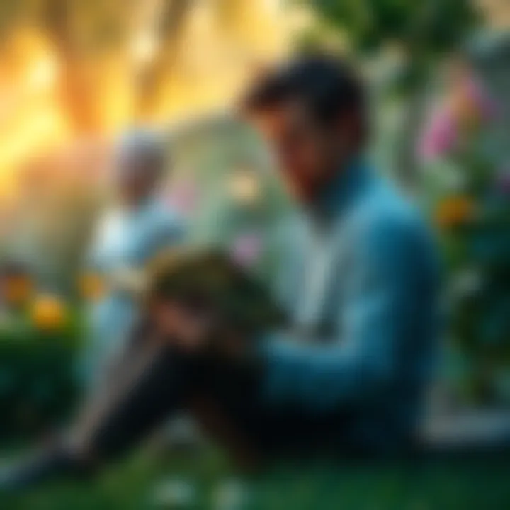 Lutheran exploring spirituality A person reading a book about Christian Gnosticism, seated in a peaceful garden, reflecting on their faith.