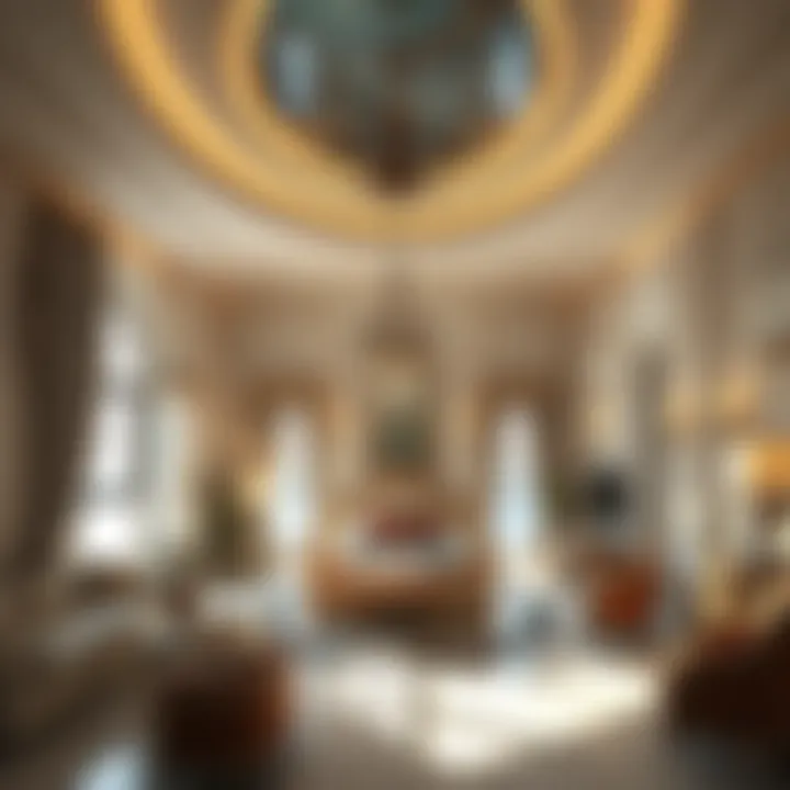 A lavish mansion bedroom featuring unique architectural designs, with an oversized shower that looks like a pool and elegant furnishings.