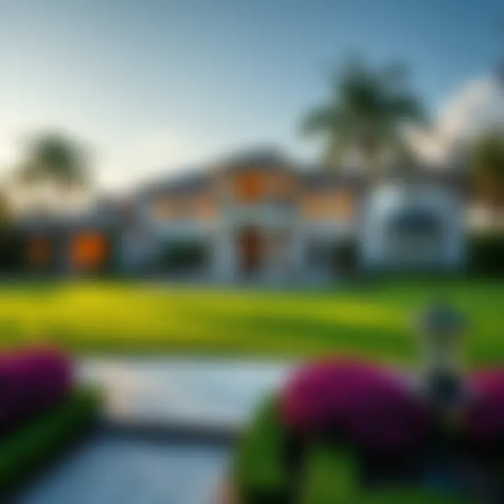 A large, elegant mansion with a well-manicured lawn and palm trees, representing high-end real estate claims