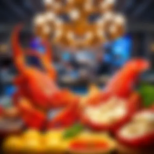 A display of extravagant foods, including king crab and lobster tails, highlighting controversial government expenses.