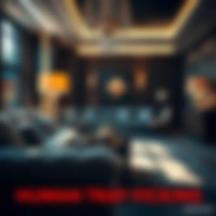 A close-up of elegant furniture pieces with shadows hinting at hidden distress, symbolizing human trafficking.