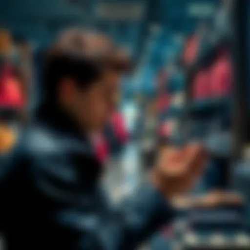 A person examining luxury items in a store, reflecting on the meaning of material possessions and self-identity.