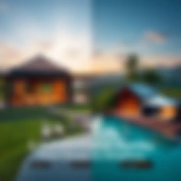 A comparison of a lavish corporate retreat with modern amenities and a serene Isha Yoga Center setting with natural surroundings, highlighting the contrast in lifestyle and well-being.