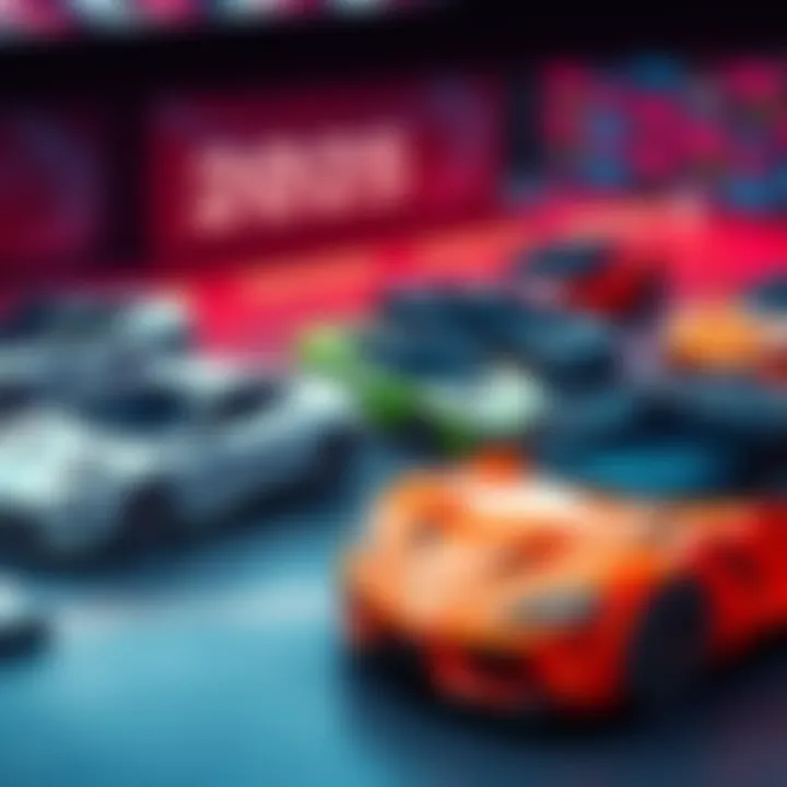 A lineup of luxury sedans and sporty supercars showcasing sleek designs and vibrant colors