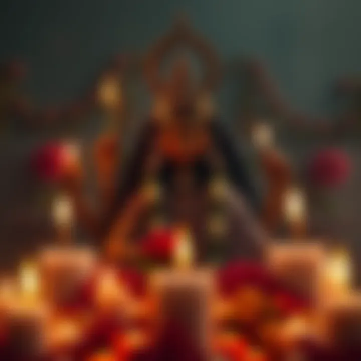 A serene image of Maa Kali surrounded by candles and flowers, symbolizing strength and protection.