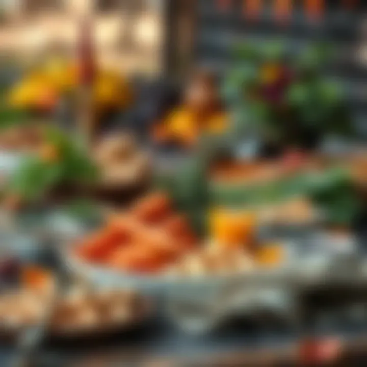 A beautifully arranged autumn feast table featuring root vegetables like carrots and potatoes, along with bowls of fresh summer crops, set outdoors in a fall setting.